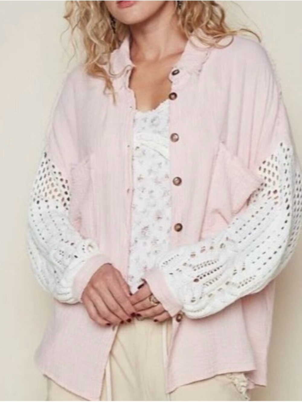 POL Oversized Crochet Sleeve Top Small Pink Boho Button Up Distressed Cotton
